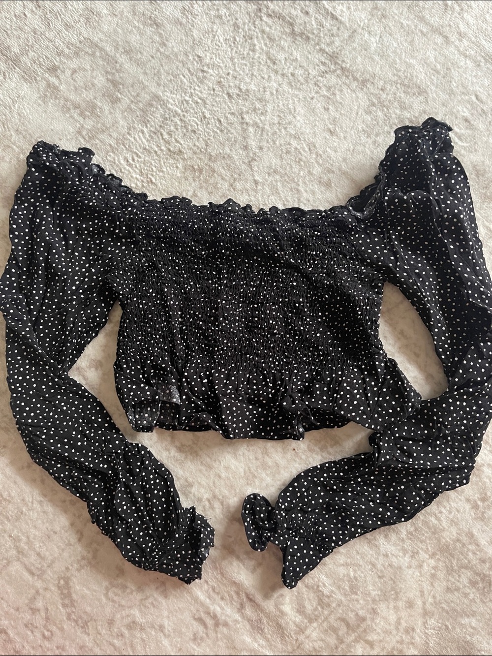Lulu's Black Polka Dot Smocked Off-Shoulder Crop Top